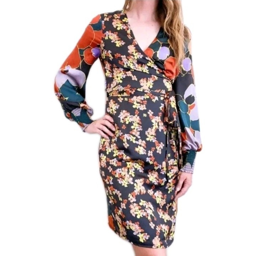 Anthropologie Atelier Blue Latona Wrap Dress‎ Size XS Satin Mixed Print